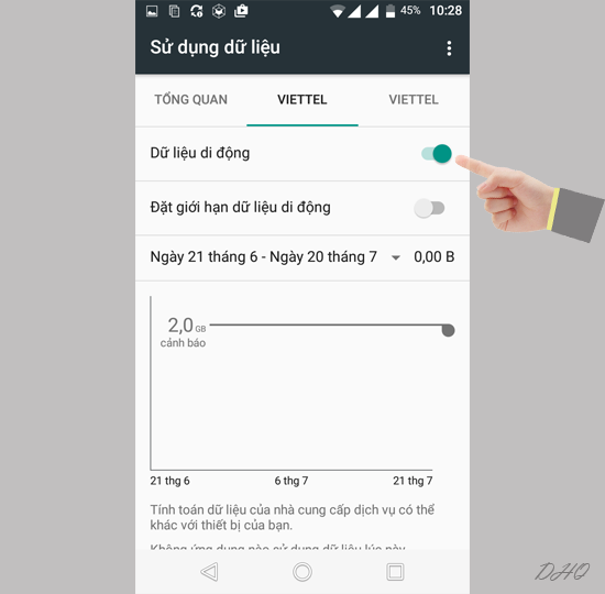 Chọn bật kết nối dữ liệu di động